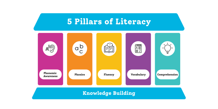 5 Pillars of literacy: Phonemic awareness, Phonics, Fluency, Vocabulary and Comprehension
