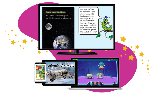 Raz-Plus Samples on Computer, Laptop, Tablet, Phone with Berry Blob and Stars Behind