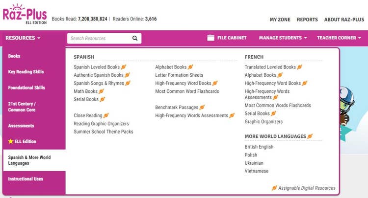 Spanish & More World Languages in the Raz-Plus menu