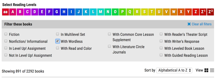find Wordless Books by filtering from Leveled Books