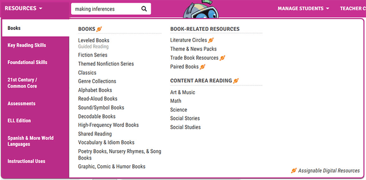 The Books drawer in the Raz-Plus menu
