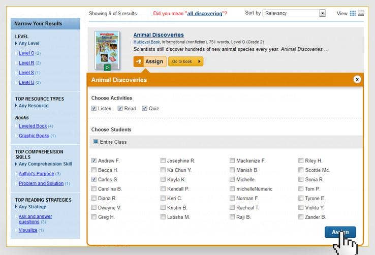 Assign button for a Raz-Plus resource