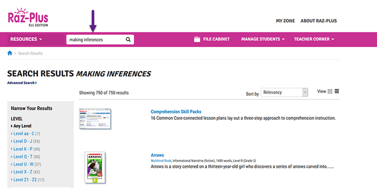 A search for Making Inferences in the Raz-Plus search feature