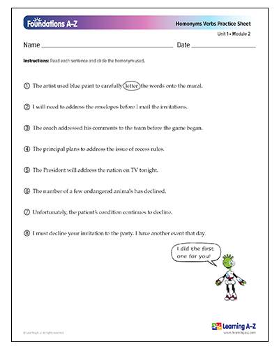 Grade 5 Homonyms Verbs Practice Sheet