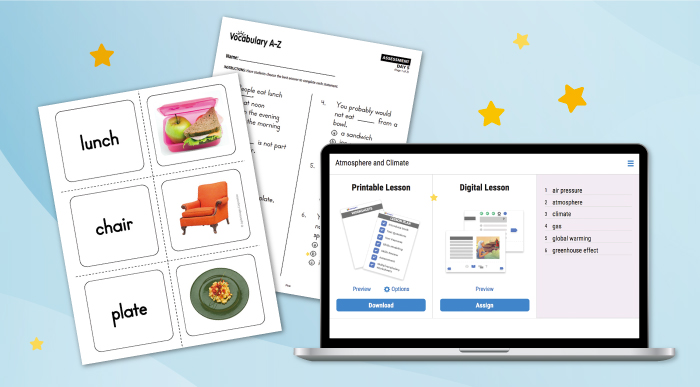 vocabulary a-z resources in multiple formats - laptop, tablet, and print